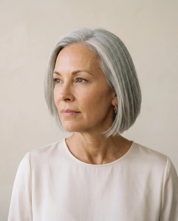 Linda before cheek and jaw filler, three-quarter view
