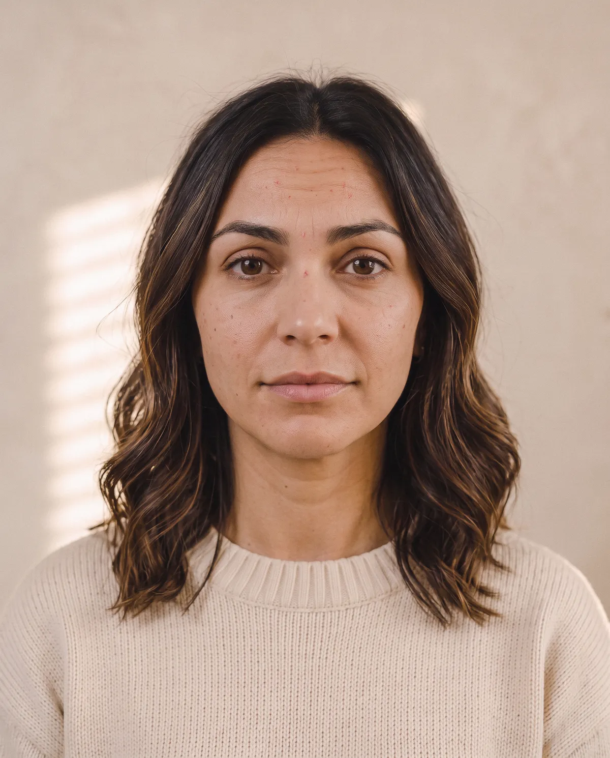 Ana on the day of treatment, lifting her brows: lines across her forehead and five tiny marks