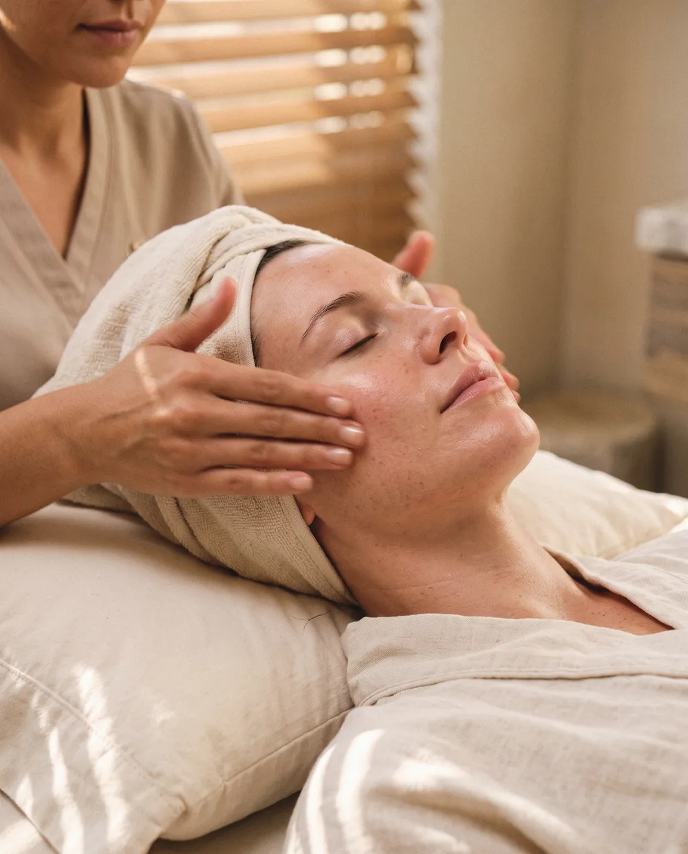 Hannah's hands pressing serum along a client's cheekbones in late sun