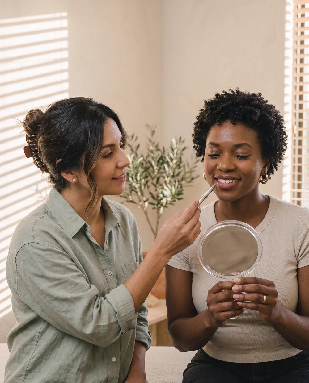 Camila talks a client through her lips while the client holds a hand mirror