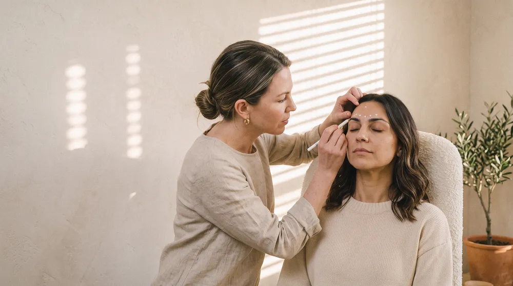 Dana marks small white dots on Ana's forehead before treating