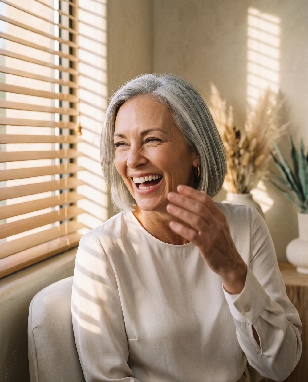 A client in her fifties laughing by the window